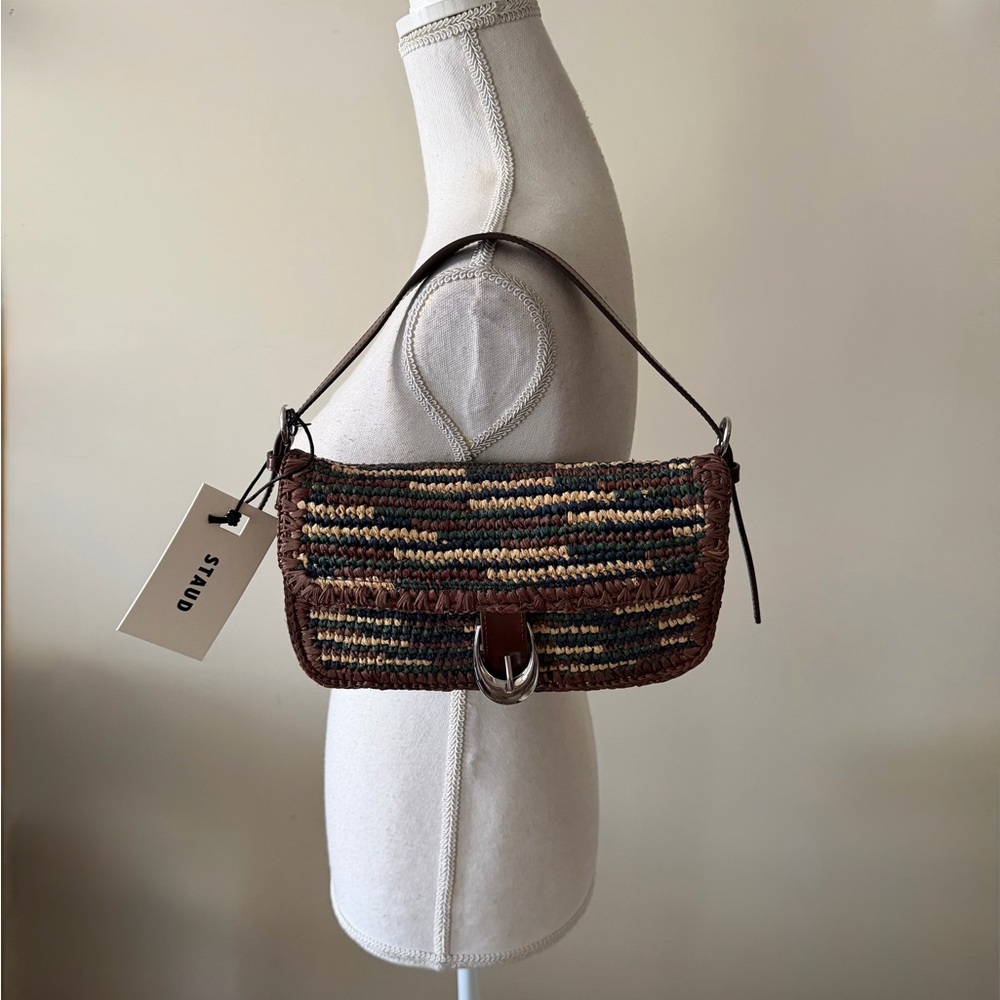 Staud Harlow Woven Multicolor Shoulder Bag with Brown Trim & Silver Buckle NWT - Picture 11 of 16
